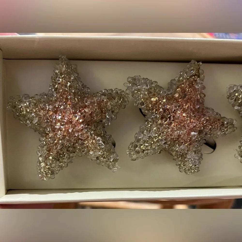 VTG Pier 1 Imports Set of 4 Gold Beaded Star Napkin Rings New In Box - Starfish